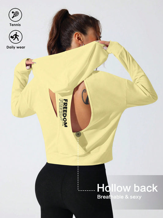 Sport Studio Women Hollow Out Minimalist Letter Print Casual Hoodie Sweatshirt