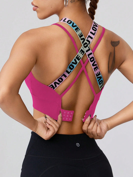 Sport Gameset Sexy Cross Back Letter Jacquard Band Bra Pad with Adjustable Buckle, Sports Bra