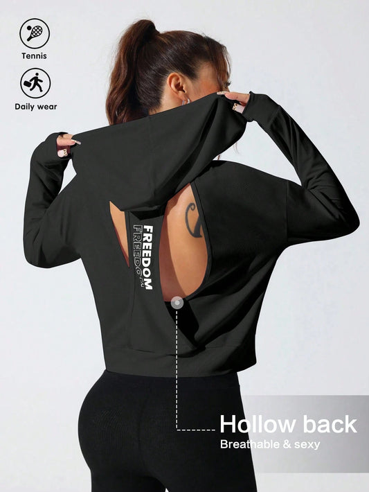 Sport Studio Women Hollow Out Minimalist Letter Print Casual Hoodie Sweatshirt