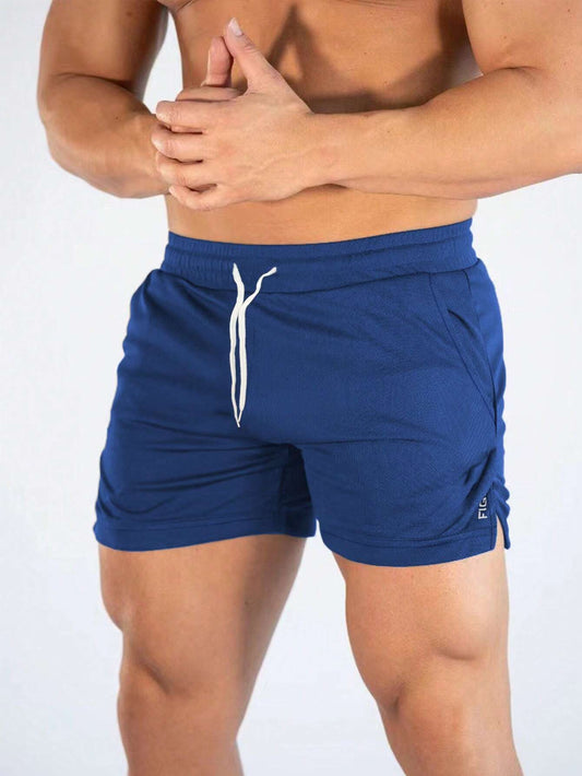 Manfinity Sport Streetwear Boyfriend Style Men Letter Graphic Drawstring Waist Split Hem Sports Stretchy Shorts Gym Shorts