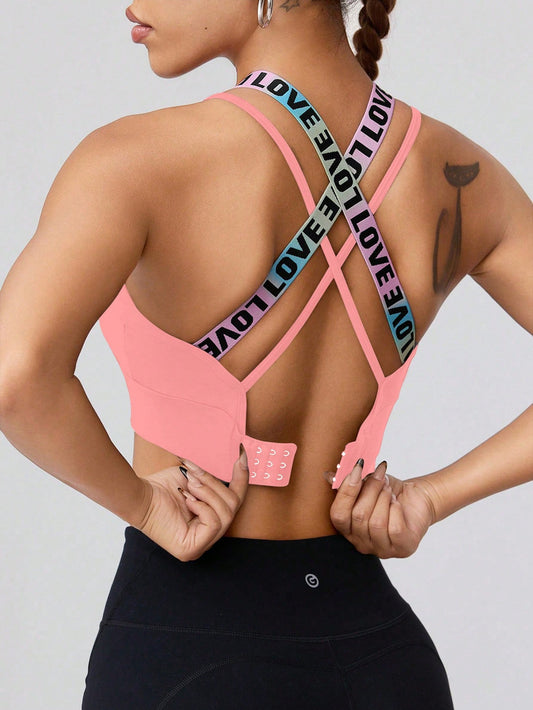 Sport Gameset Sexy Cross Back Letter Jacquard Band Bra Pad with Adjustable Buckle, Sports Bra