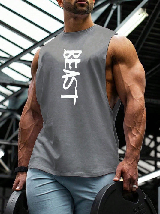 Manfinity Sport PWRUP Boyfriend Style Men'S Letter Printed Sports Tank Top Workout Tops