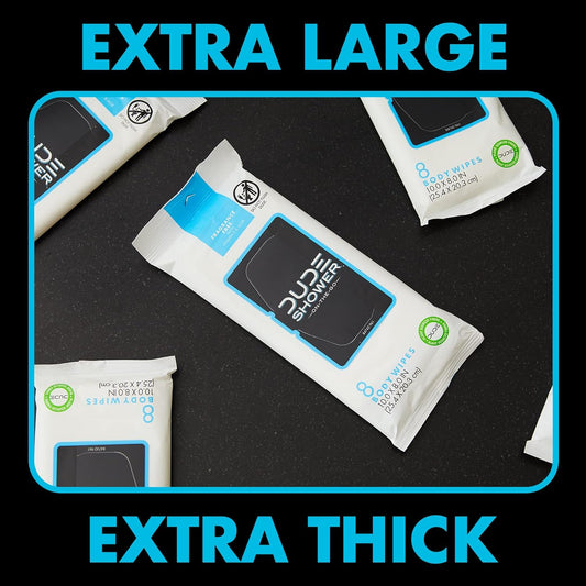 DUDE Shower Body Wipes (3 Packs, 8 Wipes Each) Unscented Naturally Soothing Aloe and Hypoallergenic, Portable Travel-Sized Individual Cleansing Cloths for Men