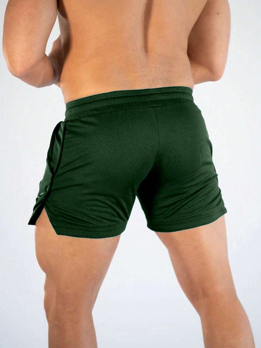 Manfinity Sport Streetwear Boyfriend Style Men Letter Graphic Drawstring Waist Split Hem Sports Stretchy Shorts Gym Shorts