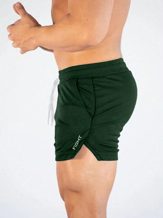 Manfinity Sport Streetwear Boyfriend Style Men Letter Graphic Drawstring Waist Split Hem Sports Stretchy Shorts Gym Shorts