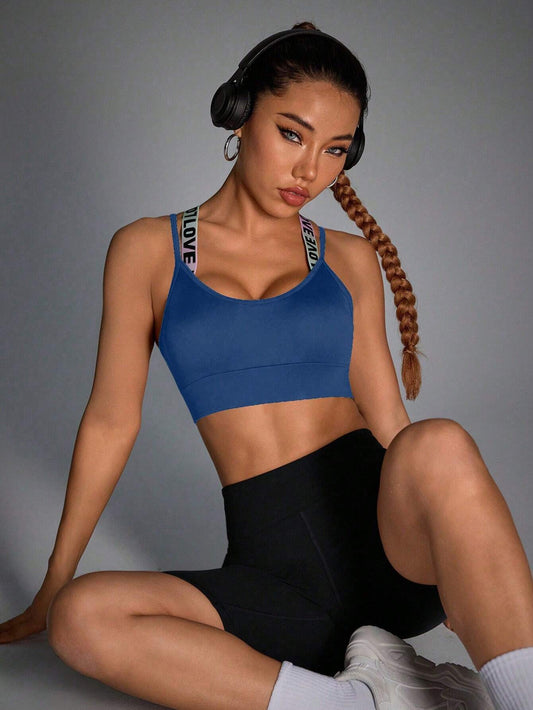Sport Gameset Sexy Cross Back Letter Jacquard Band Bra Pad with Adjustable Buckle, Sports Bra