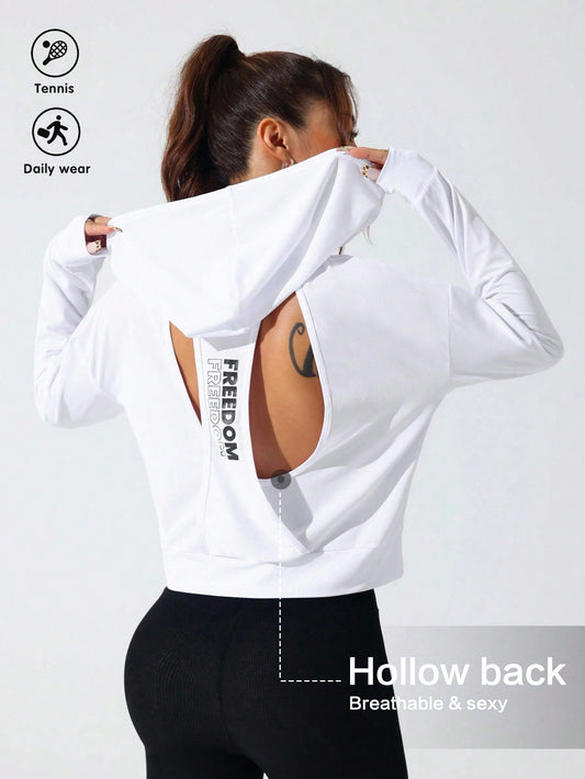 Sport Studio Women Hollow Out Minimalist Letter Print Casual Hoodie Sweatshirt
