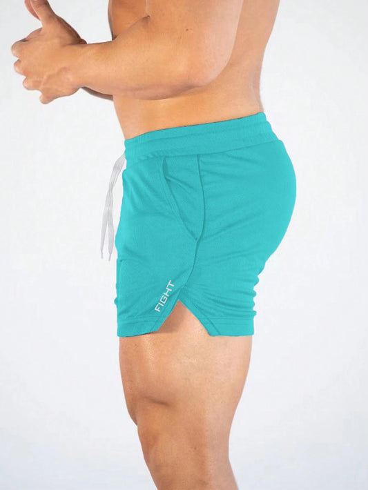 Manfinity Sport Streetwear Boyfriend Style Men Letter Graphic Drawstring Waist Split Hem Sports Stretchy Shorts Gym Shorts