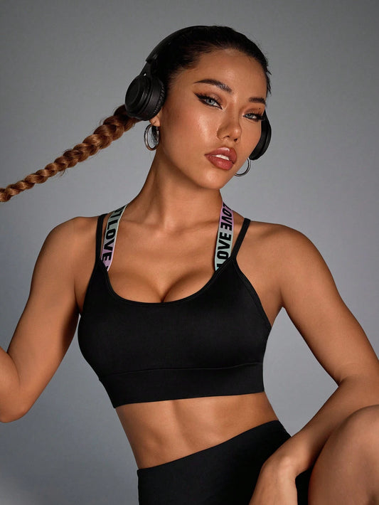 Sport Gameset Sexy Cross Back Letter Jacquard Band Bra Pad with Adjustable Buckle, Sports Bra