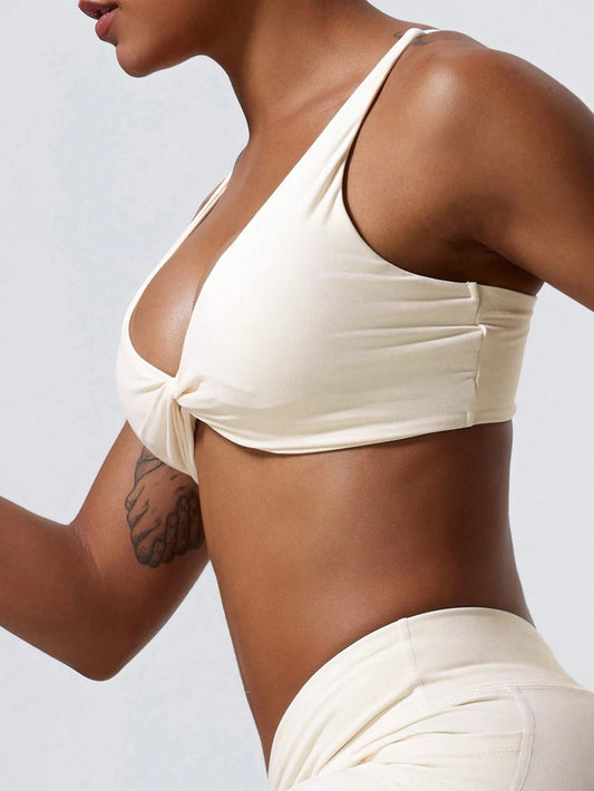 1Pc Super Soft Nude Fabric Breathable Sweat Absorbent Yoga Sports Underwear Twisted Chest Design Back Sling Outdoor Workout Leisure Bra Running Fitness Pilates Women