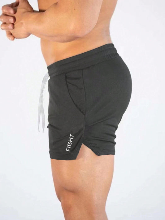 Manfinity Sport Streetwear Boyfriend Style Men Letter Graphic Drawstring Waist Split Hem Sports Stretchy Shorts Gym Shorts