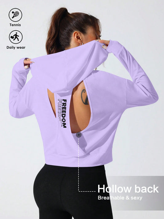 Sport Studio Women Hollow Out Minimalist Letter Print Casual Hoodie Sweatshirt
