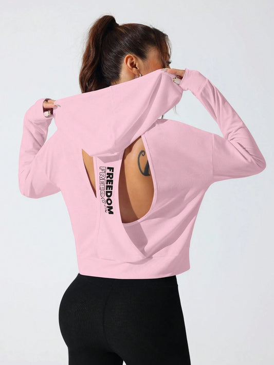 Sport Studio Women Hollow Out Minimalist Letter Print Casual Hoodie Sweatshirt