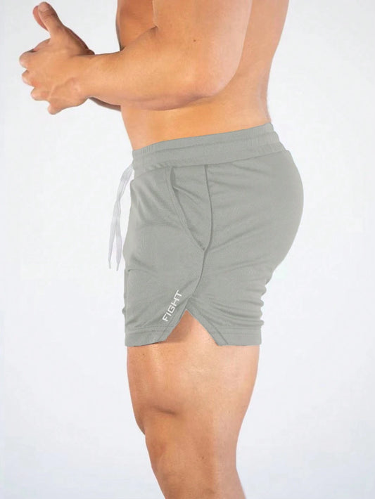 Manfinity Sport Streetwear Boyfriend Style Men Letter Graphic Drawstring Waist Split Hem Sports Stretchy Shorts Gym Shorts