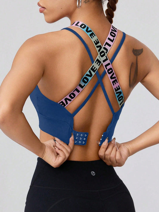 Sport Gameset Sexy Cross Back Letter Jacquard Band Bra Pad with Adjustable Buckle, Sports Bra