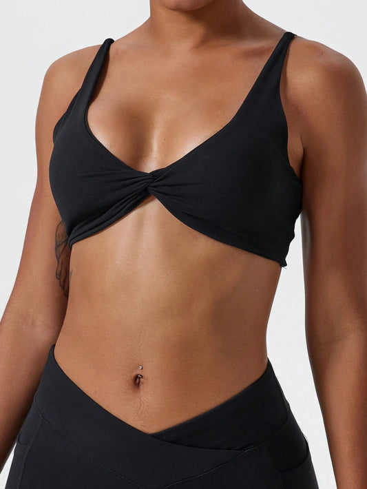 1Pc Super Soft Nude Fabric Breathable Sweat Absorbent Yoga Sports Underwear Twisted Chest Design Back Sling Outdoor Workout Leisure Bra Running Fitness Pilates Women