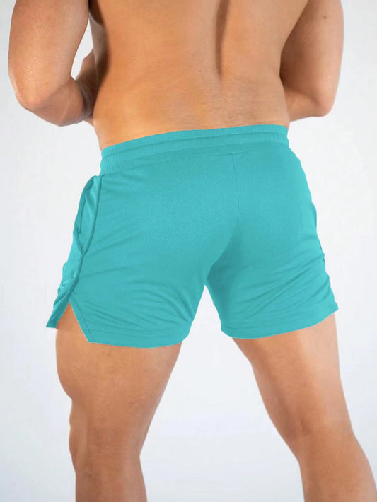 Manfinity Sport Streetwear Boyfriend Style Men Letter Graphic Drawstring Waist Split Hem Sports Stretchy Shorts Gym Shorts
