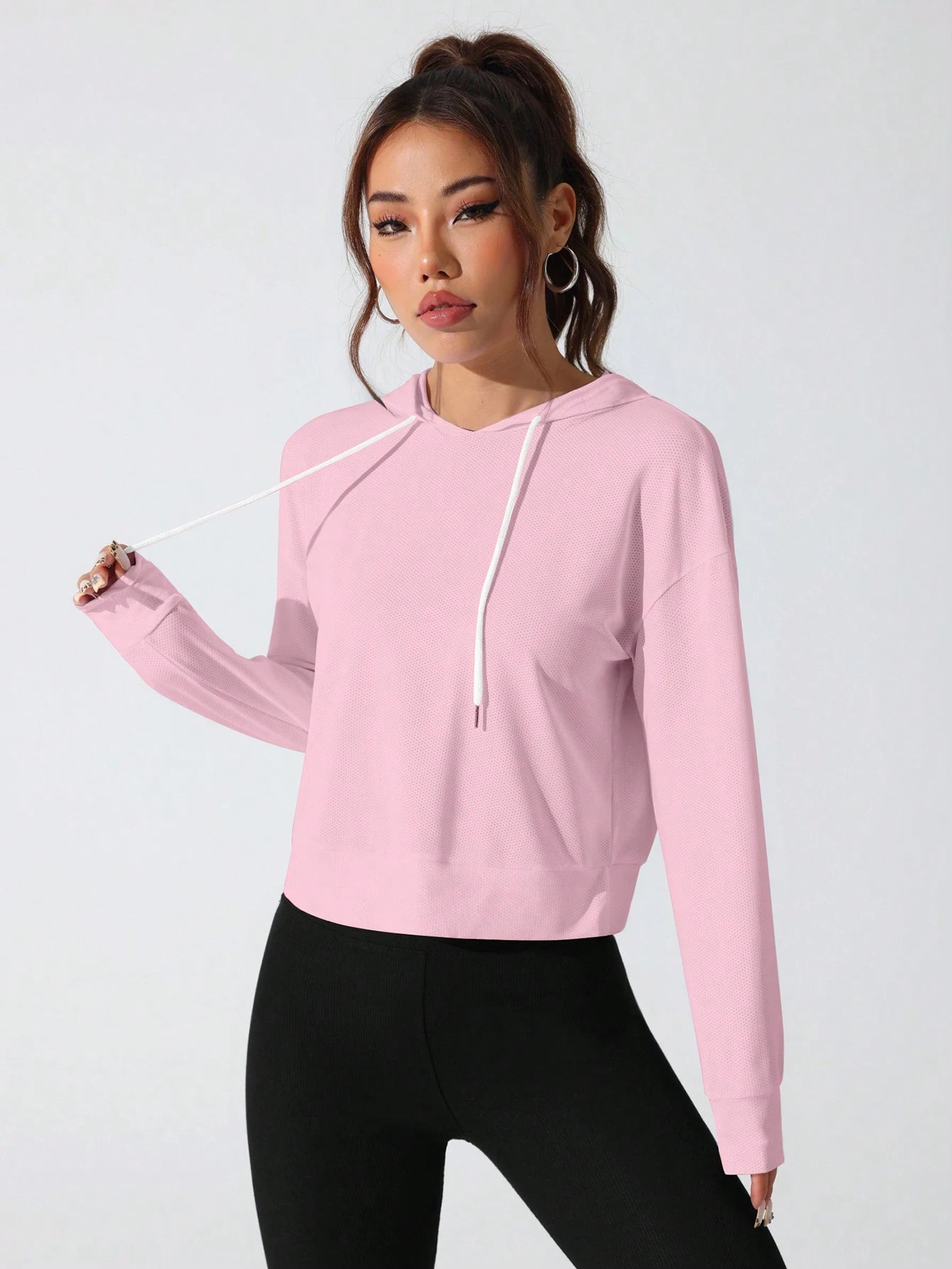 Sport Studio Women Hollow Out Minimalist Letter Print Casual Hoodie Sweatshirt