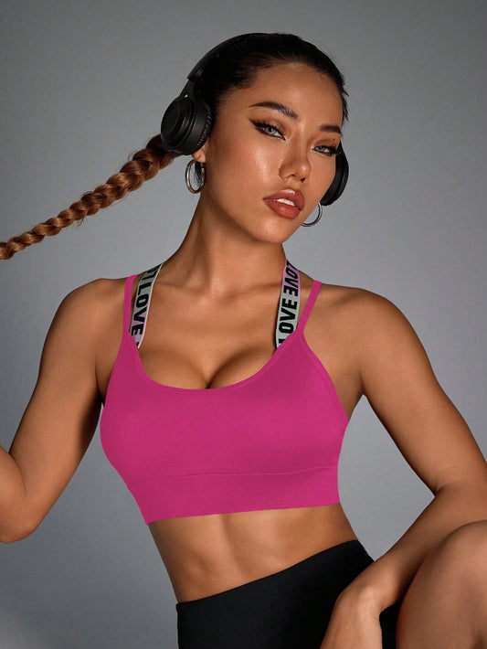 Sport Gameset Sexy Cross Back Letter Jacquard Band Bra Pad with Adjustable Buckle, Sports Bra