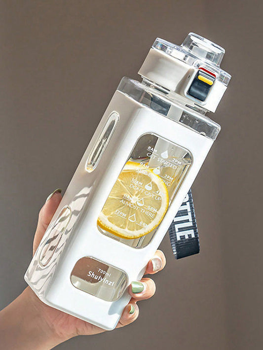 1Pc 700Ml Sports Water Bottle, Portable Straw Cup,Time Marker Sports Water Bottle - Motivational Water Bottle for Gym/Office/Travel/Outdoor, Square Stylish Design, Perfect for Students/Adults