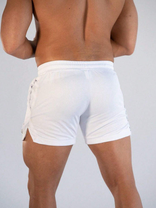 Manfinity Sport Streetwear Boyfriend Style Men Letter Graphic Drawstring Waist Split Hem Sports Stretchy Shorts Gym Shorts