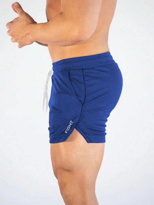 Manfinity Sport Streetwear Boyfriend Style Men Letter Graphic Drawstring Waist Split Hem Sports Stretchy Shorts Gym Shorts