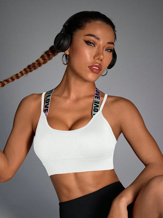 Sport Gameset Sexy Cross Back Letter Jacquard Band Bra Pad with Adjustable Buckle, Sports Bra