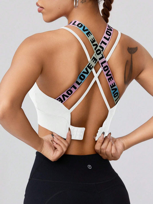 Sport Gameset Sexy Cross Back Letter Jacquard Band Bra Pad with Adjustable Buckle, Sports Bra
