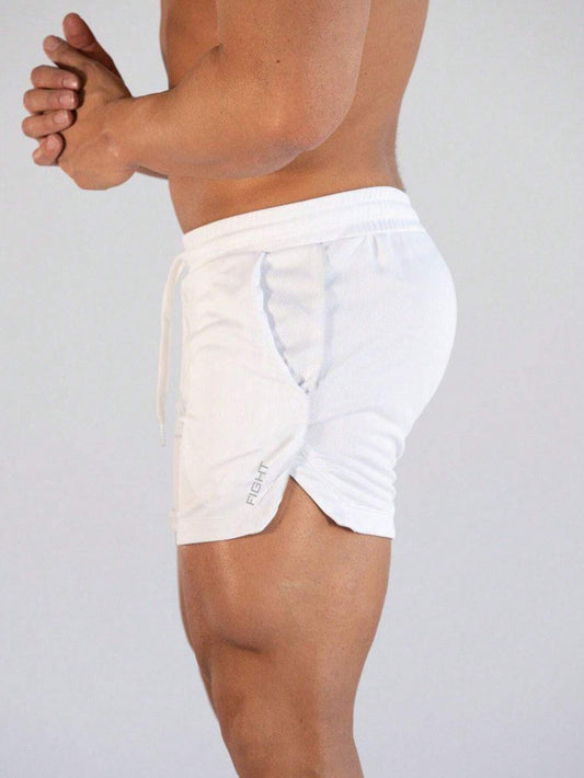 Manfinity Sport Streetwear Boyfriend Style Men Letter Graphic Drawstring Waist Split Hem Sports Stretchy Shorts Gym Shorts
