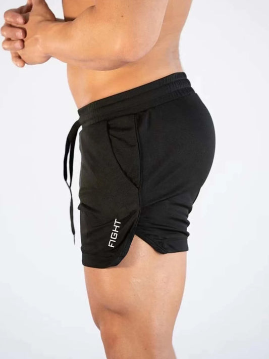 Manfinity Sport Streetwear Boyfriend Style Men Letter Graphic Drawstring Waist Split Hem Sports Stretchy Shorts Gym Shorts