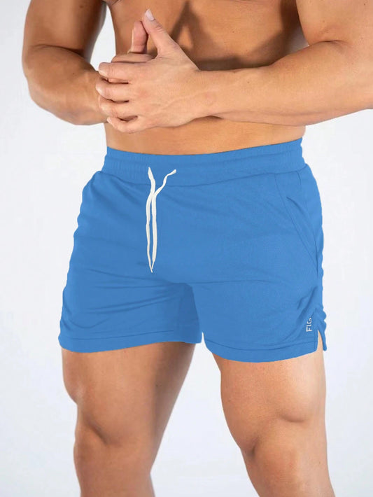 Manfinity Sport Streetwear Boyfriend Style Men Letter Graphic Drawstring Waist Split Hem Sports Stretchy Shorts Gym Shorts