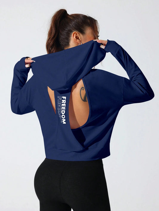 Sport Studio Women Hollow Out Minimalist Letter Print Casual Hoodie Sweatshirt