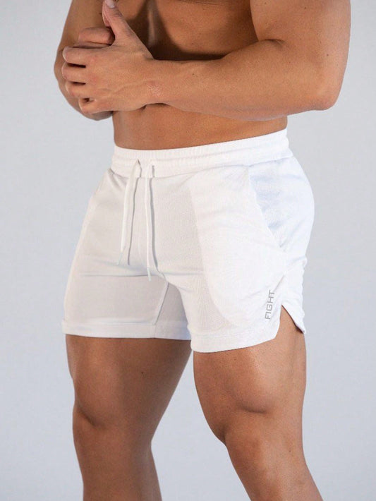 Manfinity Sport Streetwear Boyfriend Style Men Letter Graphic Drawstring Waist Split Hem Sports Stretchy Shorts Gym Shorts