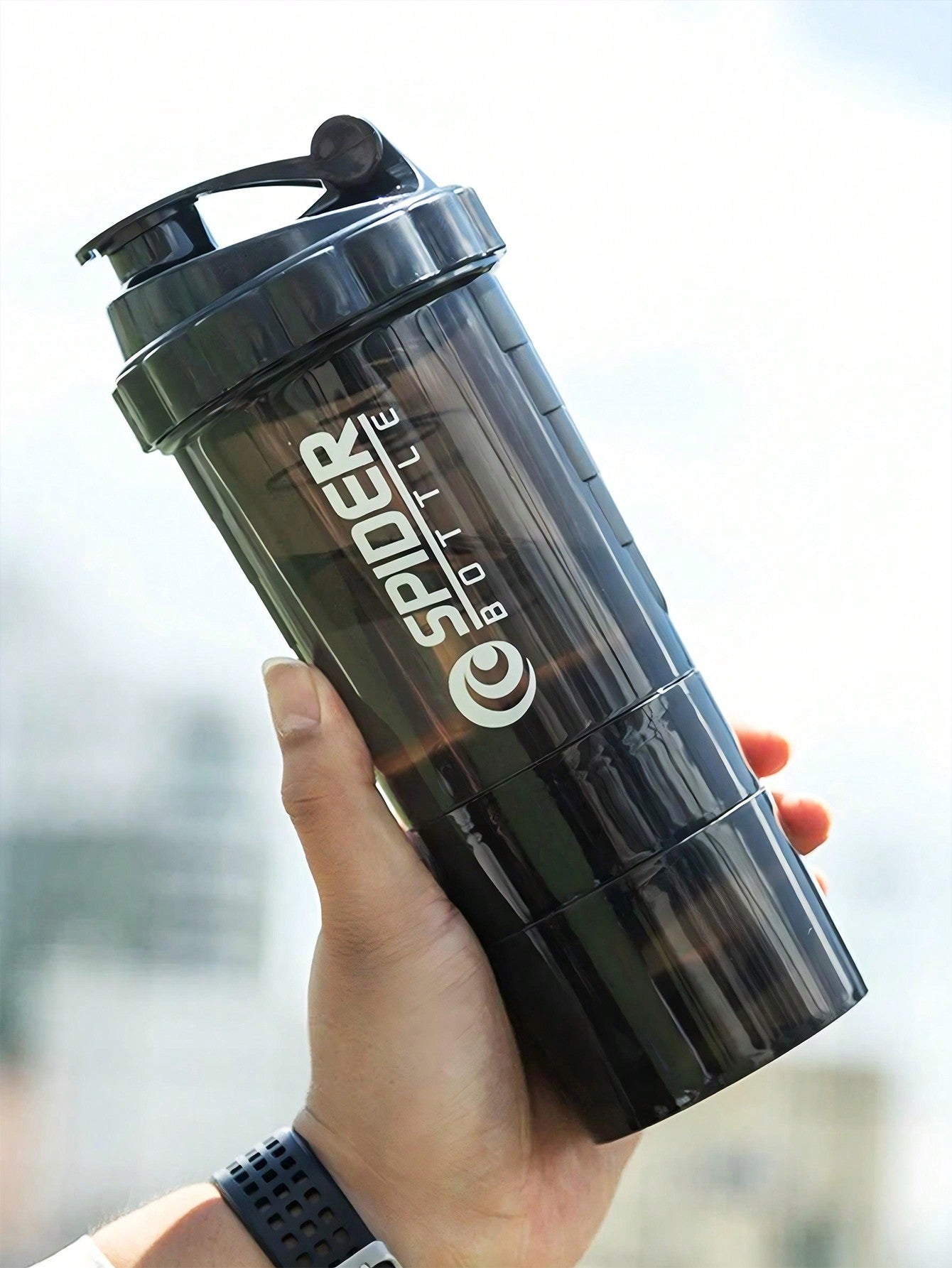 1Pc/550Ml-Fitness Sports Water Cup-Three-Layered Fitness Shaker Cup-Spring Spider Cup-Multi-Layer Milkshake Protein Powder with Powder Box-Portable Mixing Sports Water Cup with Scale-Sports Milkshake Water Cup-Sports Protein Powder Water Bottle, for Outdoor, Camping