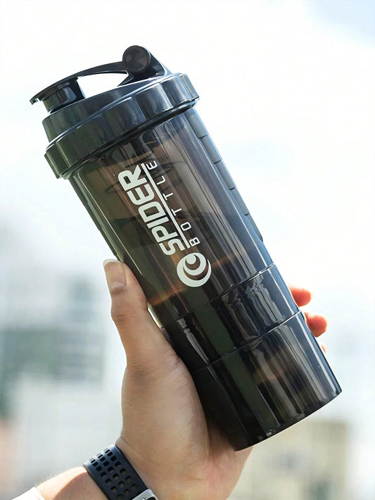 1Pc/550Ml-Fitness Sports Water Cup-Three-Layered Fitness Shaker Cup-Spring Spider Cup-Multi-Layer Milkshake Protein Powder with Powder Box-Portable Mixing Sports Water Cup with Scale-Sports Milkshake Water Cup-Sports Protein Powder Water Bottle, for Outdoor, Camping